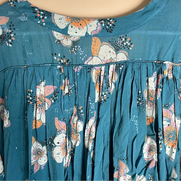 Free People Shirt Tuscan Dreams Printed Tunic Turquoise Blue Boho Floral Top - Picture 8 of 13